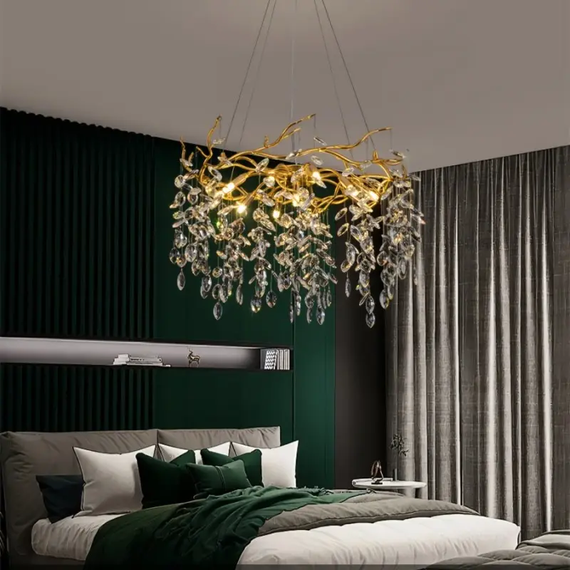 Lustre En Cristal Pour Salle à Manger Doré, Lustre En Cristal Doré Rond Luminaire Moderne En Laiton Lampe Corps Branche Or Lustre En Cristal Goutte De