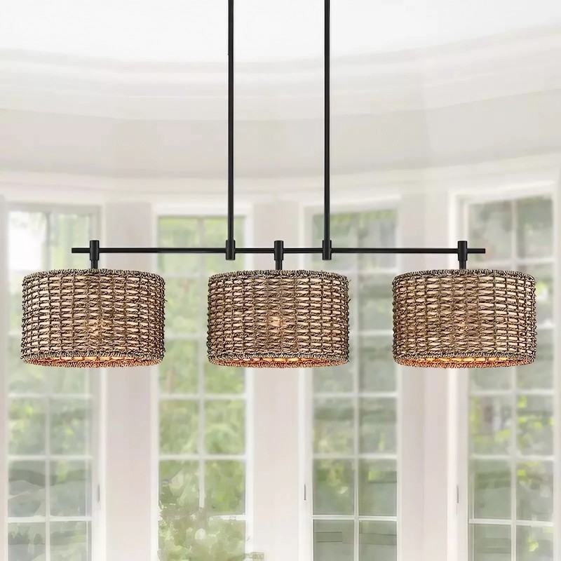 3 Light Rattan Rustic Drum Chandelier KIKI Lighting