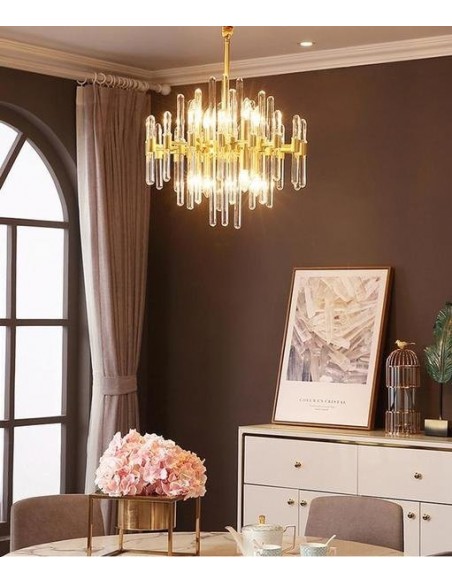 Brass Chandelier with Clear Glass Rods Shade