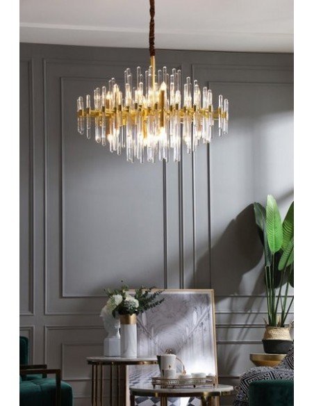 Brass Chandelier with Clear Glass Rods Shade