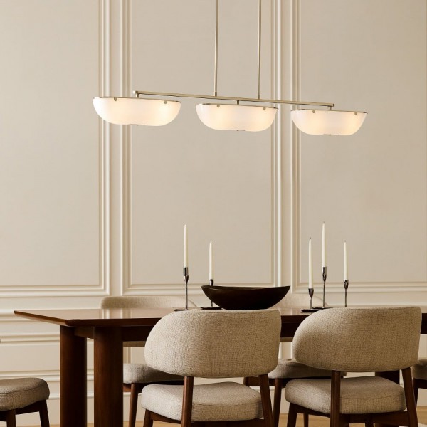 Ferosa Boat-Shaped Lampshade Linear Chandelier - Antique Brass with Milk Glass