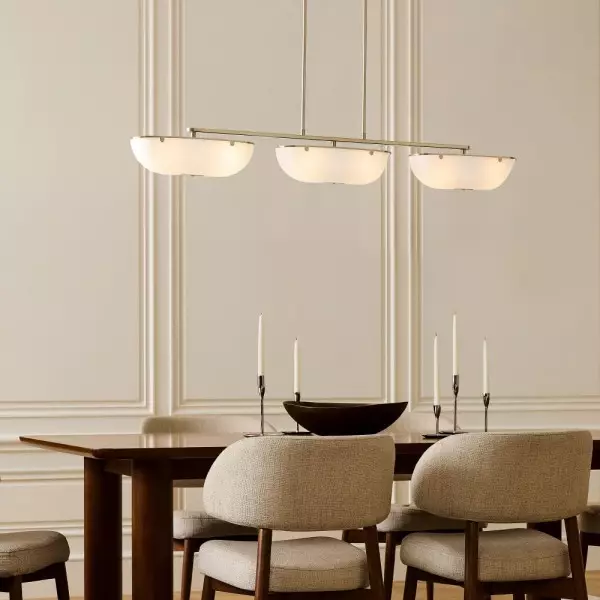 Ferosa Boat-Shaped Lampshade Linear Chandelier - Antique Brass with Milk Glass