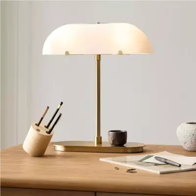 Ferosa Boat-Shaped Lampshade Table Lamp – Vintage Bronze Finish with Milk Glass Shade