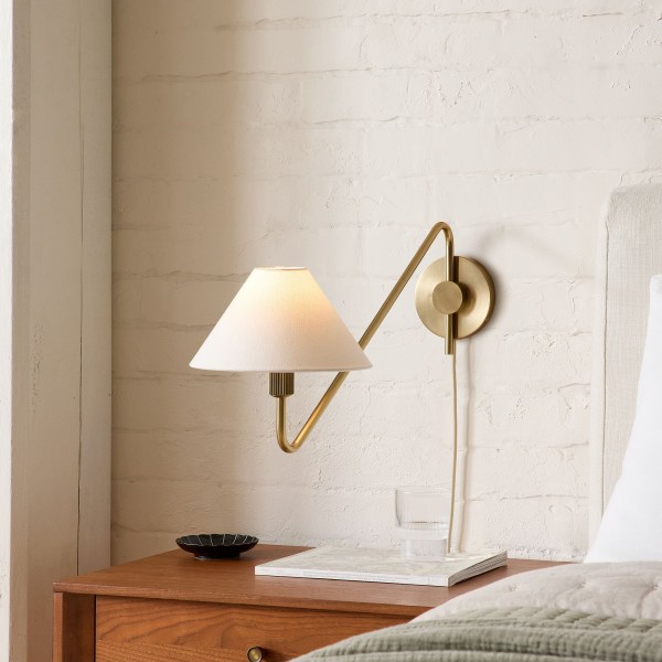 Diora Plug-In Wall Sconce - Champagne Bronze Adjustable Arm Lamp with Linen Shade