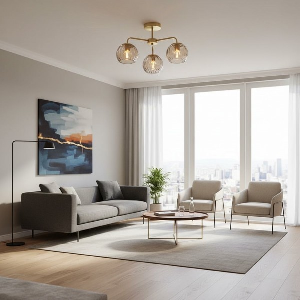 Elegant Brass Finish 3-Light Ceiling Lamp - Globe Semi Flush Light Elegant Brass Finish 3-Light Ceiling Lamp - Globe Semi Flush Light
