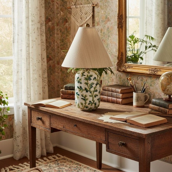 Ceruna Ceramic Table Lamp - Tapered Linen Shade Wax Resist for Bedroom KL1656