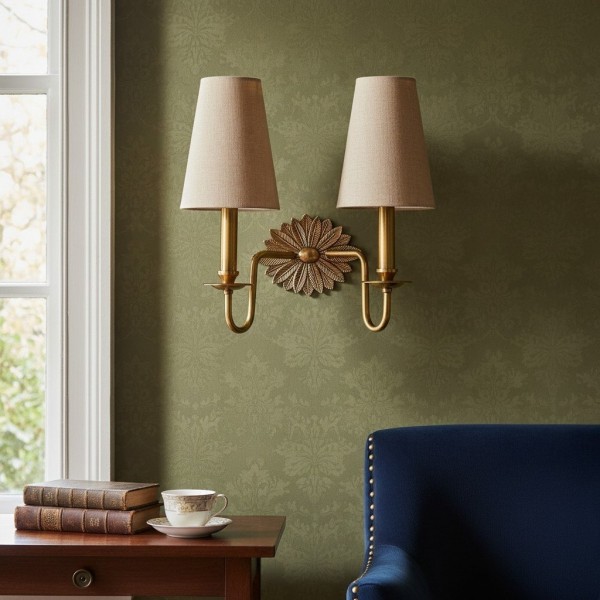 Duova Double Sconce - Antique Brass Metal and Linen Shades for Bedroom or Study KL1647