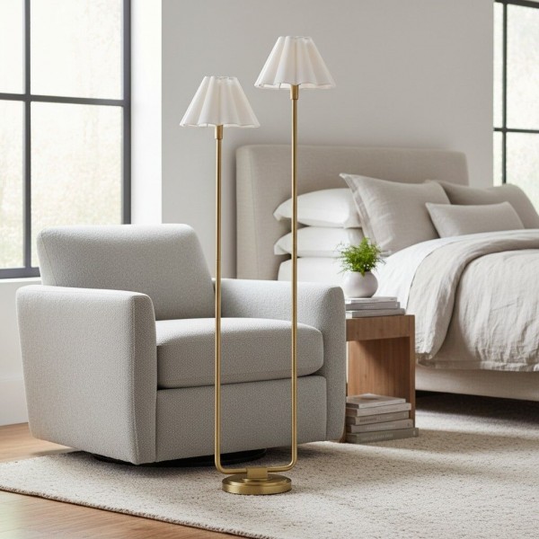 Duova Minimalist 2‑Light Floor Lamp - Modern Pleated Fabric Metal Light for Bedroom or Living Room KL1650