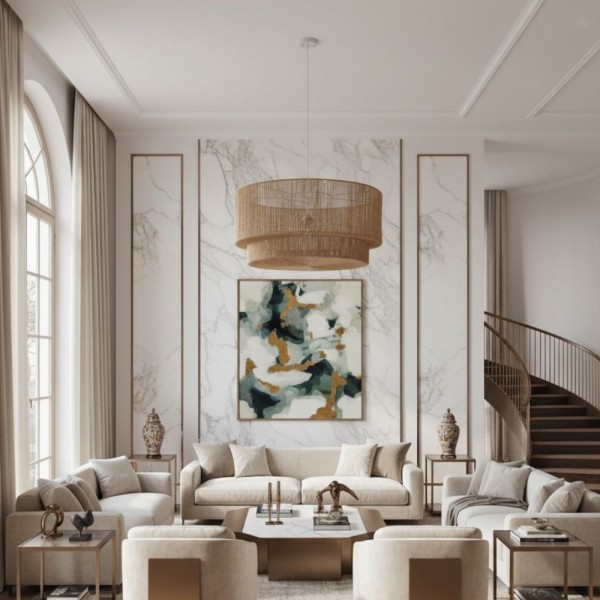 Florevian Woven Jute Hanging Light - Boho Chic Drum Pendant for Living or Dining KL1620