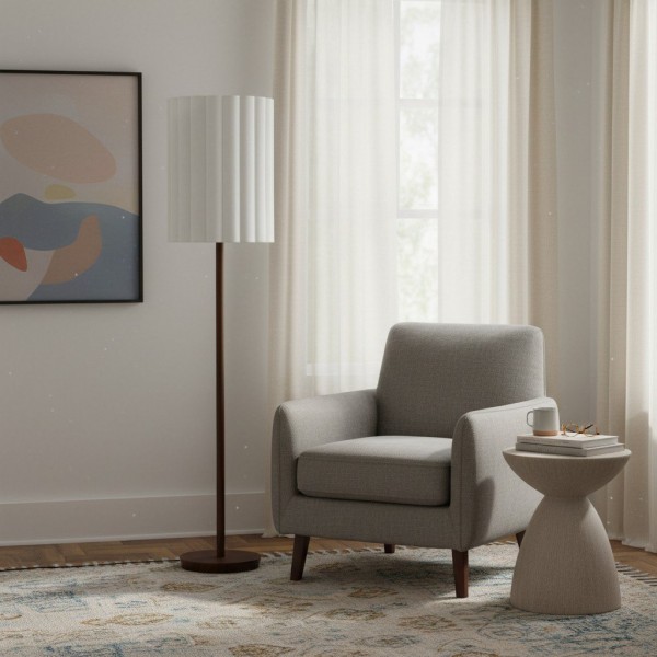 Linbron Walnut Wood Floor Lamp with Fluted Linen Shade - Modern Natural Home Decor KL1667