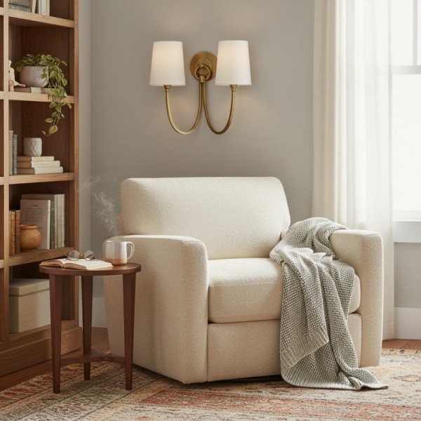 Roven Modern Double Wall Sconce with Curved Arms and Fabric Shades - Classic Accent Lighting for Bedroom KL1683