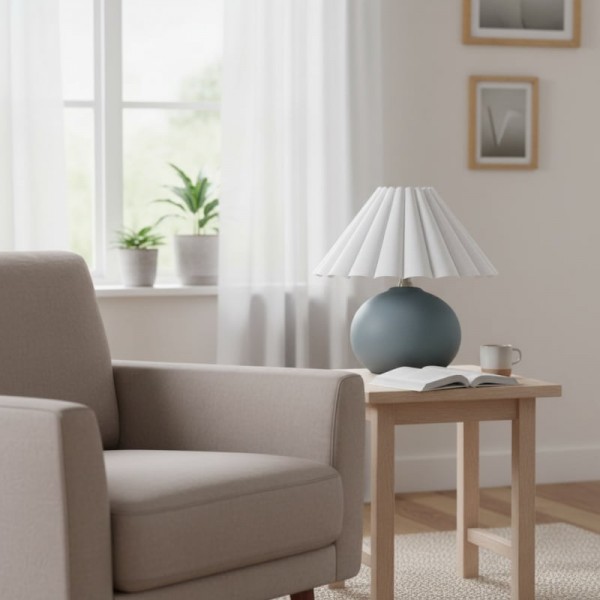 Ruffmeto Decorative Table Lamp - Round Ceramic Base with Pleated Fabric Shade for Cozy Spaces KL1606