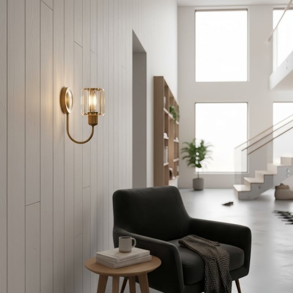 Tracian Wall Sconce - Curved Arm with Glass or Linen Shade for Bedroom KL1706