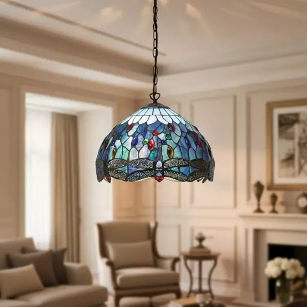 TF Dragonfly Blue Tiffany Ceiling Light - Art Nouveau Stained Glass Pendant for Living KL1800