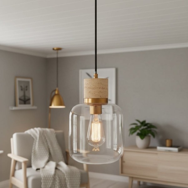 Korlisse Natural Stone and Glass Pendant Light - Stylish Lamp for Lounge or Living Room KL1881