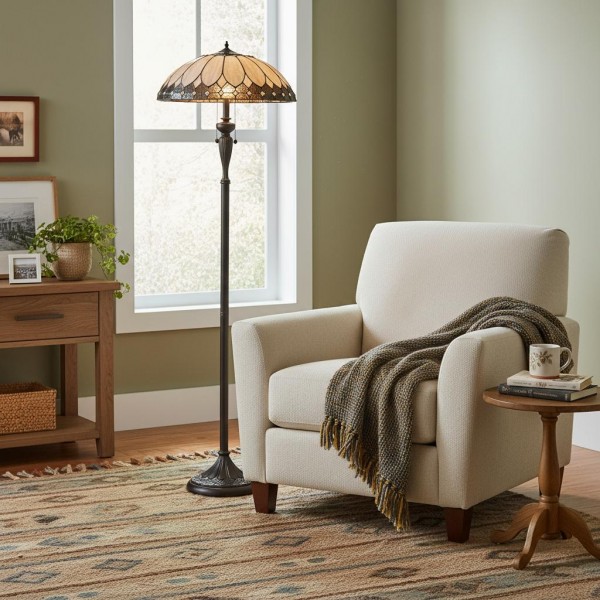 TF Brooklyn Geometric Art Deco Tiffany Floor Lamp - Stained Glass Shade and Satin Black Base for Living Room KL1838