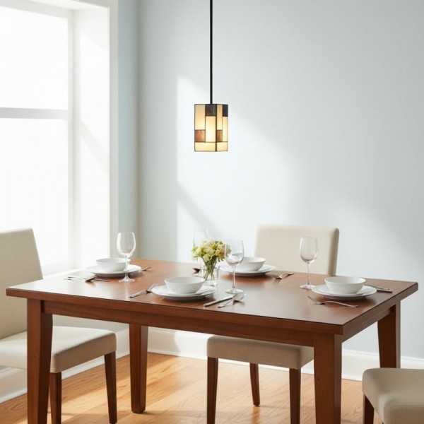 TF Manchester Art Deco Pendant Light - Geometric Stained-Glass Hanging Lamp for Living Room or Dining KL1835