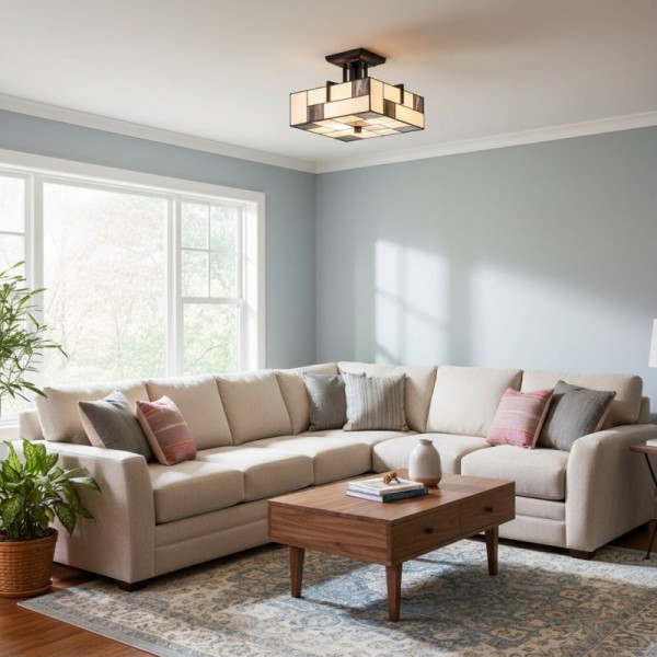 TF Manchester Ceiling Light - Stained Glass Fixture in Art Deco Style for Living Room or Hallway KL1866