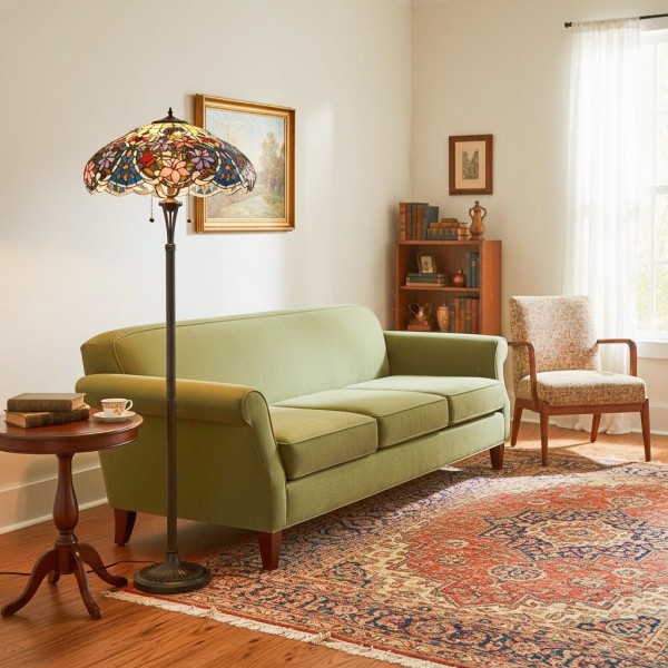 TF Sullivan Tiffany Floor Lamp - Floral Stained Glass Design for Study or Living Room KL1812