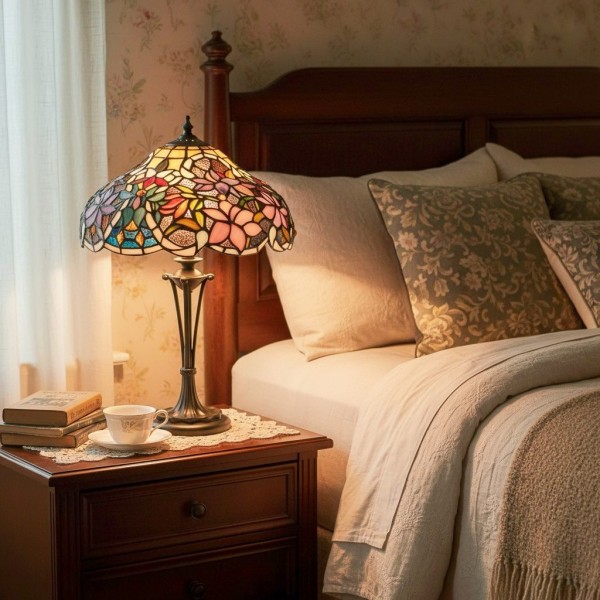 TF Sullivan Tiffany Table Lamp - Floral Stained Glass Design for Bedroom or Living Room KL1864