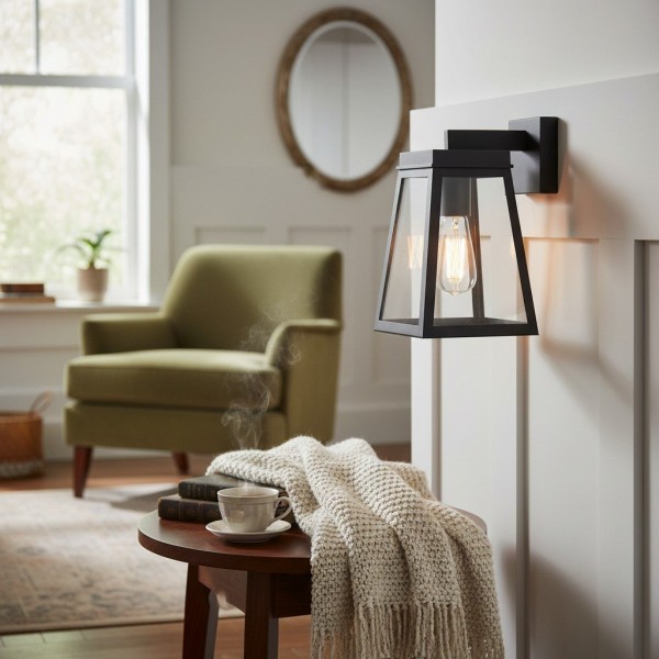 Trevanta Clear Glass Black Outdoor Lantern Wall Light - Modern Exterior Lighting KL1861