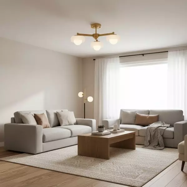 Zirvos Pendant with Frosted Opal Globes and Brushed Brass Frame for Living and Dining KL1889