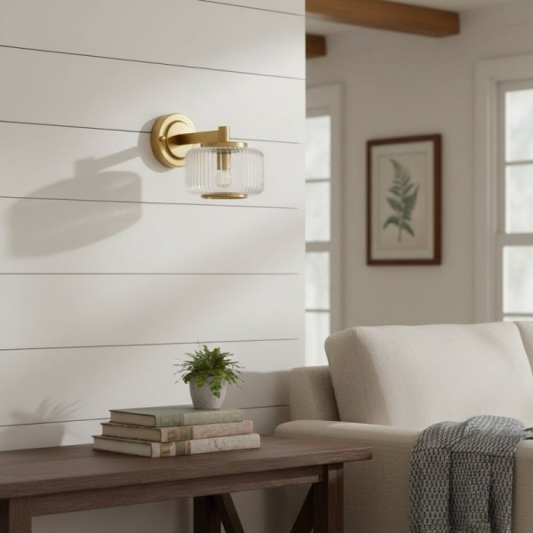 Canovus Ribbed Glass Shade Wall Lamp - Elegant Brass Sconce for Living Room Lighting KL1992