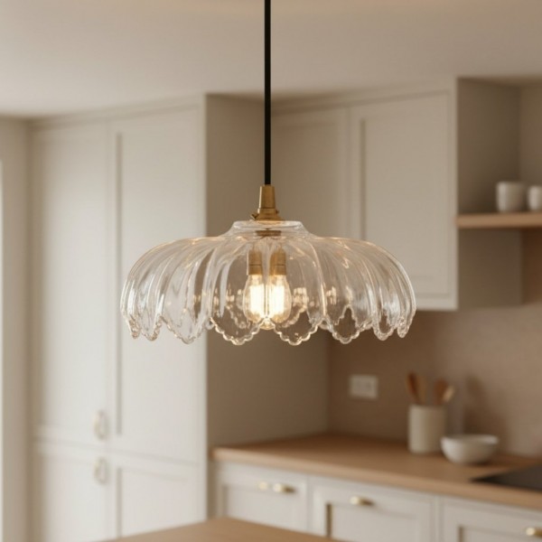 Floriaxis Floral Glass Pendant Light - Floral Glass Shade with Braided Cable for Kitchen or Dining KL1912