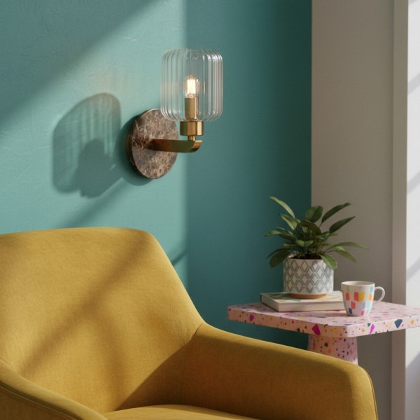 Korlisse Modern Marble Wall Light - Vintage Brass & Clear Glass Accent for Living Room and Hallway KL1902