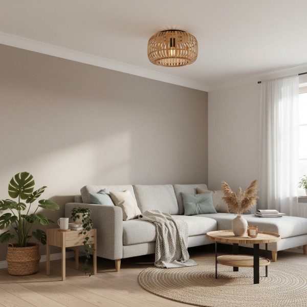 Yumeko Natural Bamboo Flush Ceiling Light - Organic Cage Design Sustainable for Living Room KL1930
