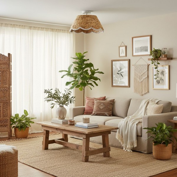 Ruvest Farmhouse Flush Mount Ceiling Light - Scallop Rattan for Warm Interiors KL2031