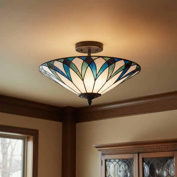 TF Allanton Tiffany Semi Flush Ceiling Light - Art Nouveau Patterned Shade for Living or Dining KL1961