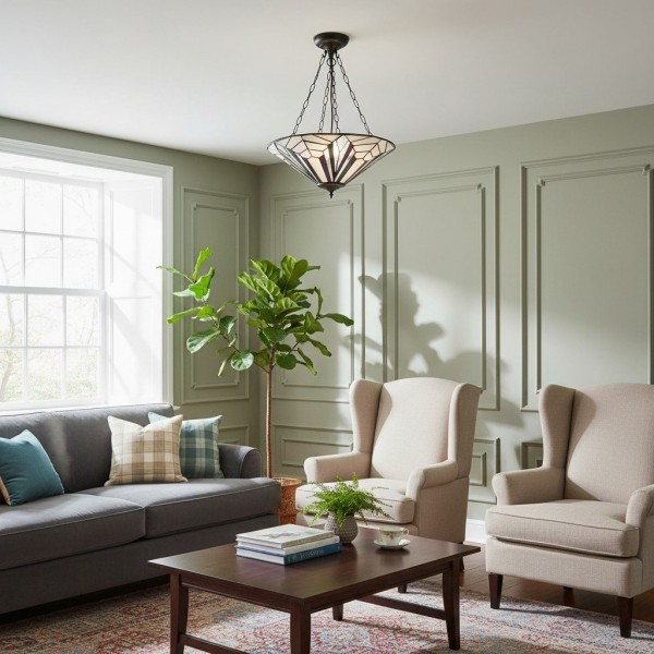 TF Astoria Decorative Stained Glass Semi Flush Light - Art Deco Ceiling Fixture for Entryways & Lounges KL1987