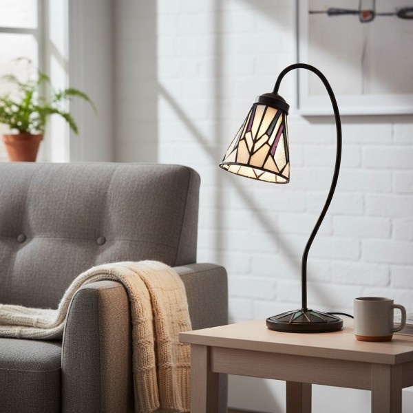 TF Astoria Tiffany Table Lamp - Curved Swan-Neck Arm Art Deco Glass Shade for Desk KL1979