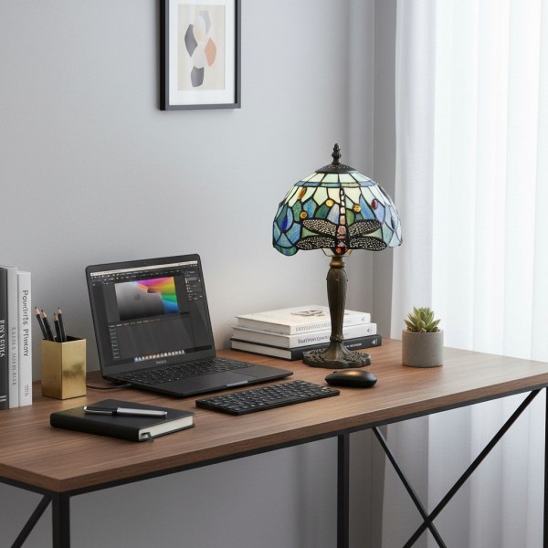 TF Dragonfly Hand-Cut Table Lamp - Vintage Stained Glass for Bedroom or Living Room KL1916