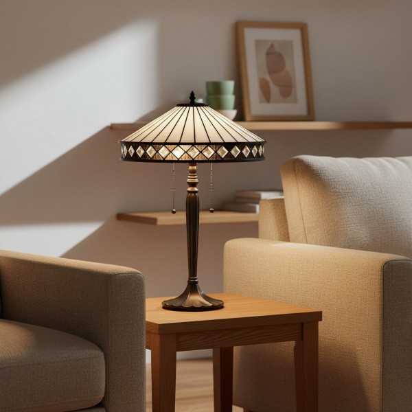 TF Fargo Geometric Tiffany Style Lamp - Amber and Cream Glass Accent Lighting for Bedroom or Study KL1963