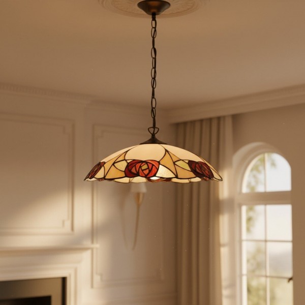 TF Ingram Tiffany Pendant Light - Vintage Handcrafted Stained Glass Floral Shade for Dining Room KL1986