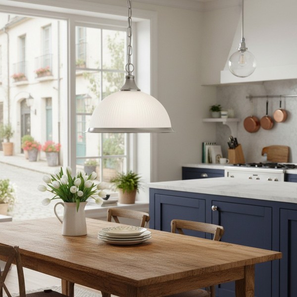 TF Vintora Ribbed Glass Pendant Light - Elegant Metal Trim for Kitchens, Dining Areas and Hallways KL1978