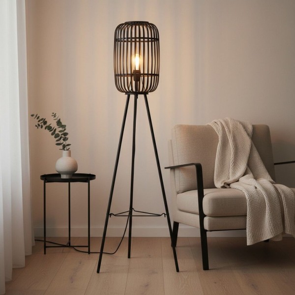 Yumeko Natural Woven Floor Lamp - Modern Scandi Bamboo Shade Standing Lamp for Bedrooms or Living Rooms KL1924