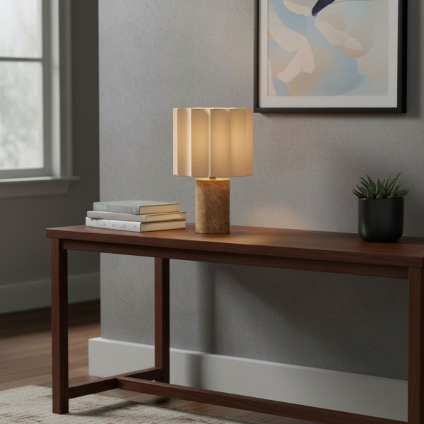Cavilon Table Lamp with Fan-Shaped Linen Shade - Stone Finishes Suitable for Living Rooms KL2037
