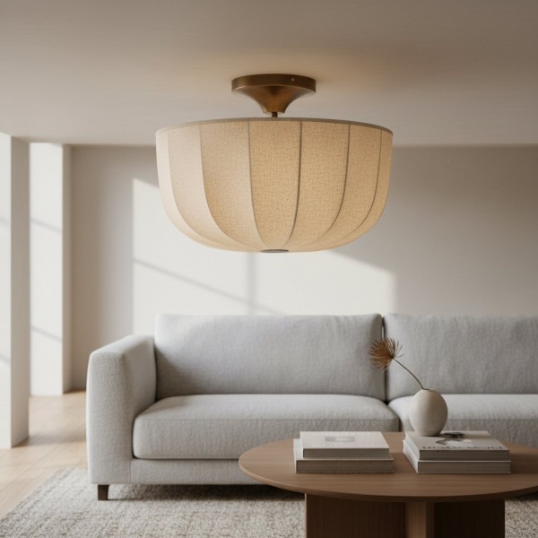 Loomis Flush Ceiling Lamp - Textured Linen Shade & Aged Brass Modern Ceiling Light for Living Rooms KL2041