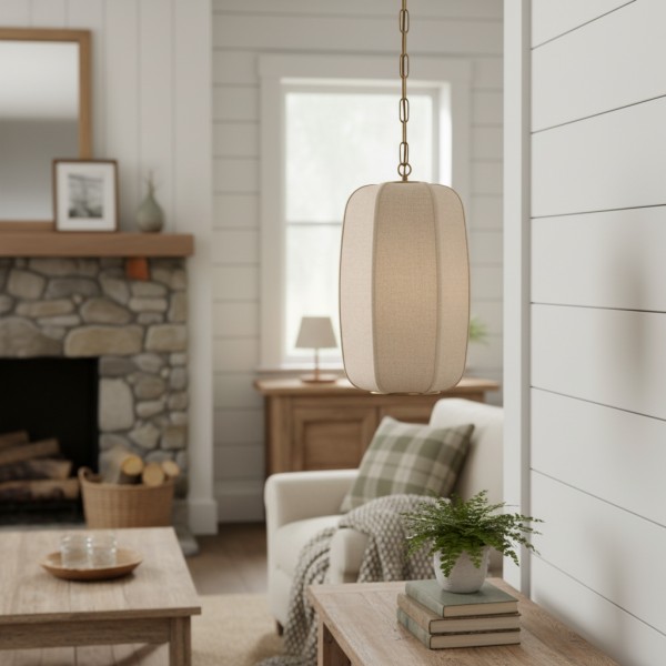 Loomis Tall Pendant - Textured Linen Shade Aged Brass Ceiling Light for Dining Room and Kitchen KL2042