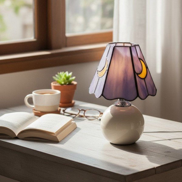 Stellum Mushroom Moon Stained Glass Table Lamp Artistic Accent Light Ceramic Base for Living Spaces KL2113