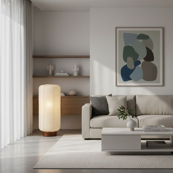 Tivo Minimalist Ribbed Floor Lamp - Simple solid wood base with paper lampshade suitable for living room and bedroom KL2180