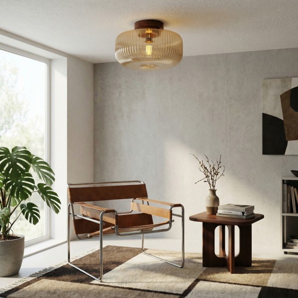 Amberflow Retro Amber Fluted Glass Ceiling Light - Round Flush Mount for Hallways and Entryways KL2231