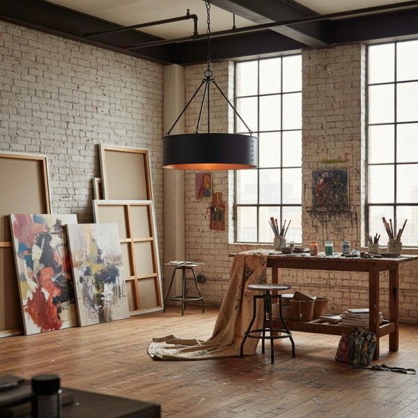 Dravik Contemporary Industrial Drum Pendant - Black Metal Pendant for Living or Dining Room KL2228