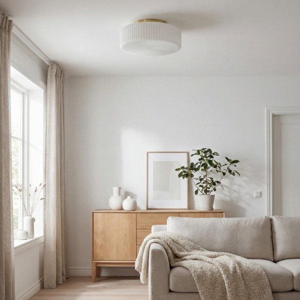 Lunorib Contemporary Opaline Glass Ceiling Fixture - Textured Ribbed Metal Lighting for Living Areas KL2206