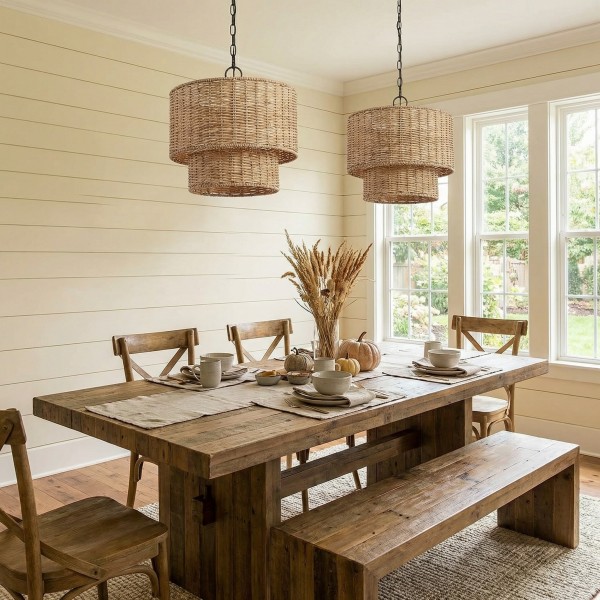 Rattanvo Dual Drum Rattan Pendant - Organic Texture for Dining Areas and Lobbies KL2219