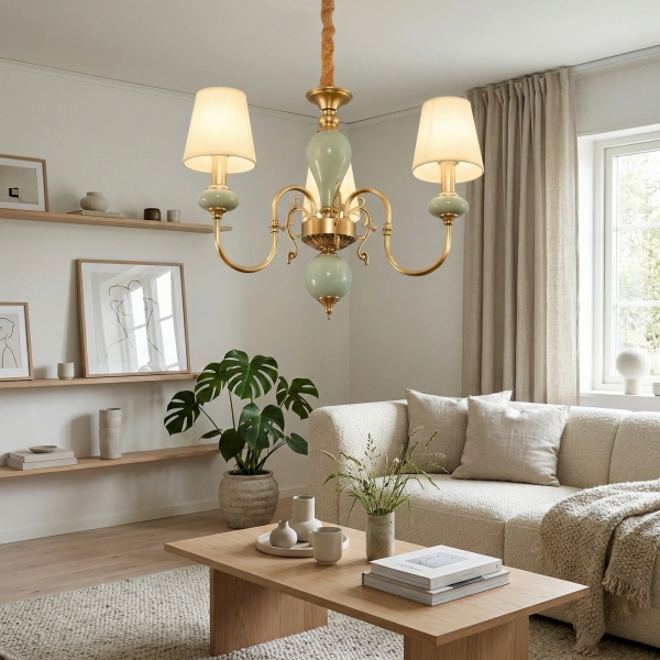 Altoris Series Branch Chandelier with Fabric Shades - Brass Ceramic Chandelier for Living Room KL2290