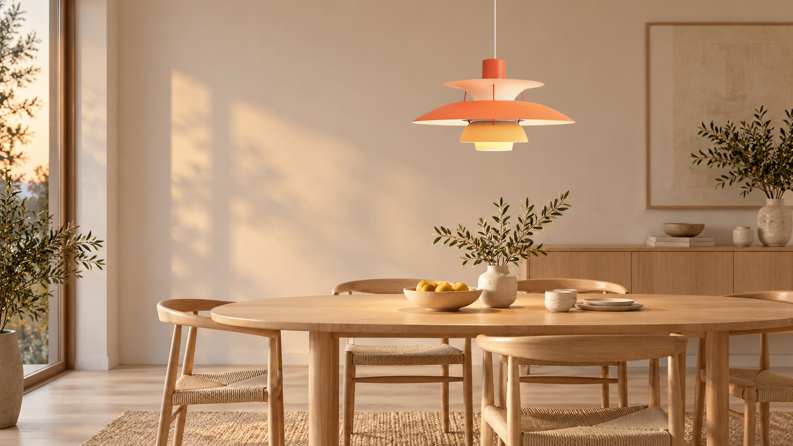 Scandinavische metalen hanglamp met meerdere lagen in een eetkamer